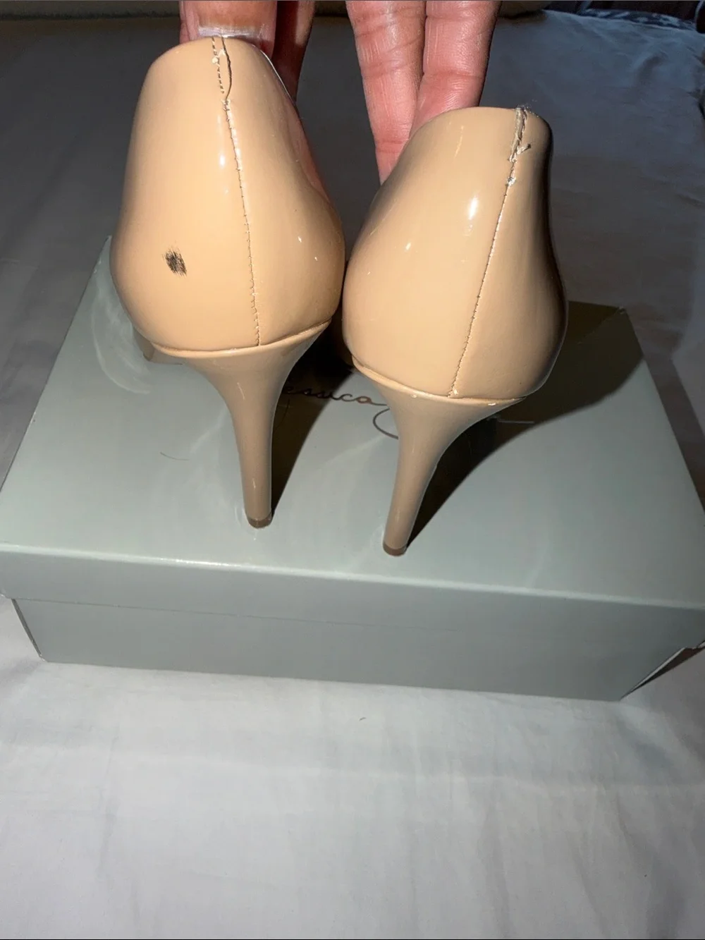 Jessica Simpson Nude Patent Pointed Toe Pumps - Blush Beige